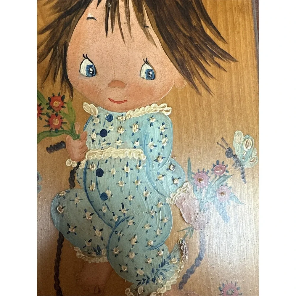 Vtg 1971 Folk Art Little Girls Wooden Wall Art Adorable Kitsch #2525